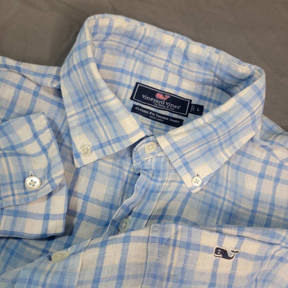 Vineyard Vines Linen Shirt Men's Size Large Blue Long Sleeve Button Up Plaid